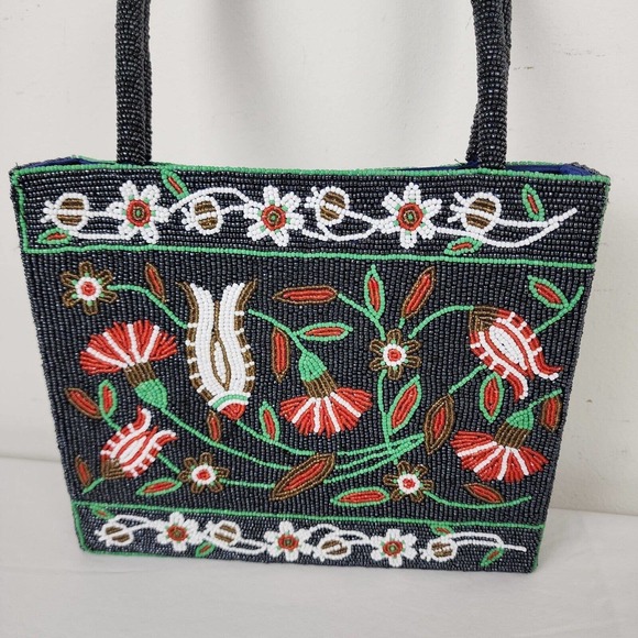 Vintage Handbag Glass Seed Beaded Floral Purse Black Red Flower Vietnamese - Picture 10 of 11